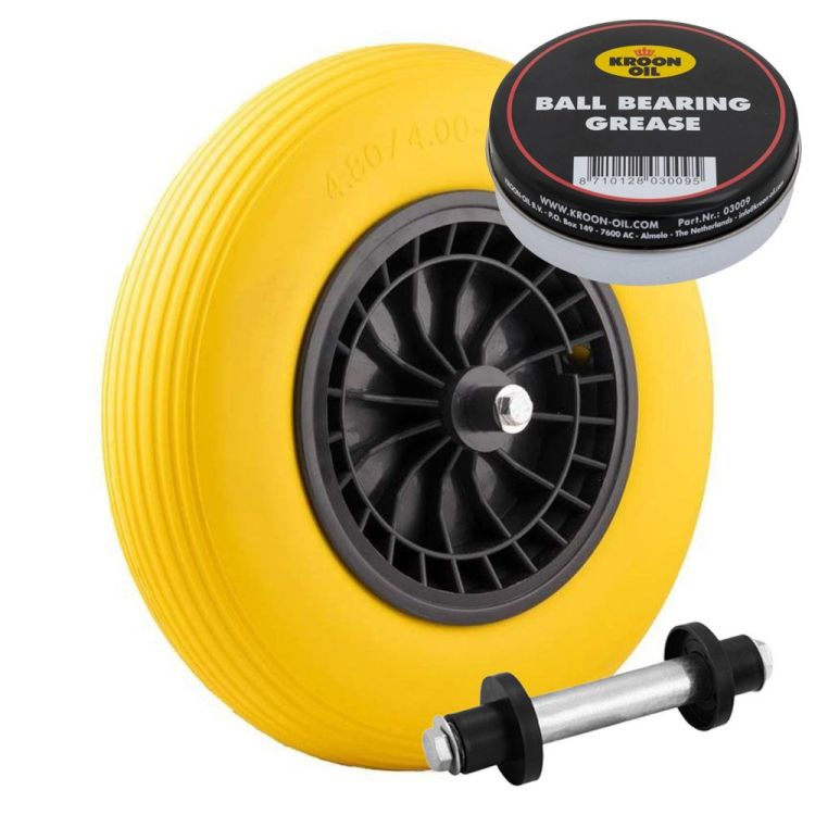 Kruiwagenwiel anti lek PU 4.80/4.00-8 kunststof velg incl. as en kogellagervet